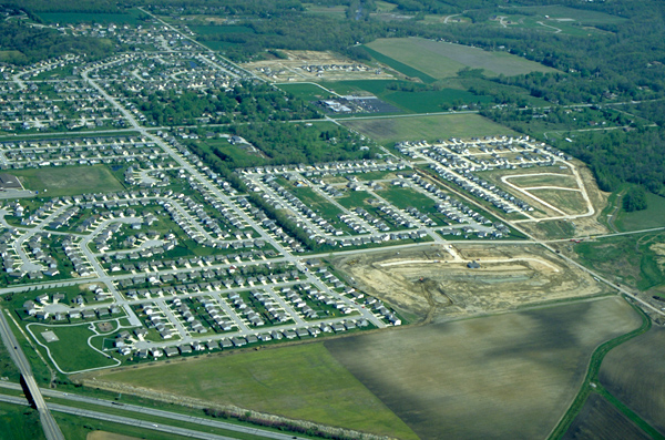 Aerial view looking north/northeast from I-65 toward Faith Baptist Church in Tippecanoe County, Indiana. 