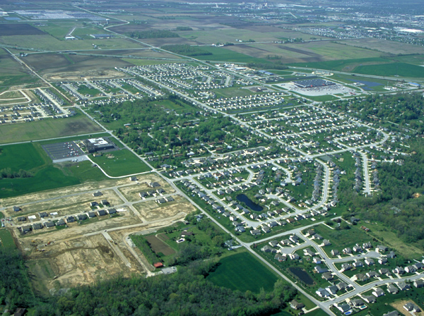 Aerial view of eastern Lafayette area (Indiana) showing Faith Baptist Church and Meijer.